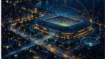 Futbol ve şehir ekonomisini temsil eden stadyum ve şehir bağlantısı görseli