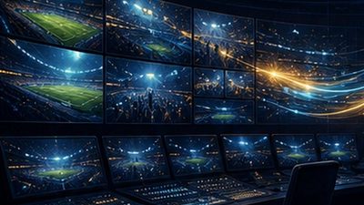 Futbol medyası ve içerik ekonomisini temsil eden yayın kontrol odası görseli