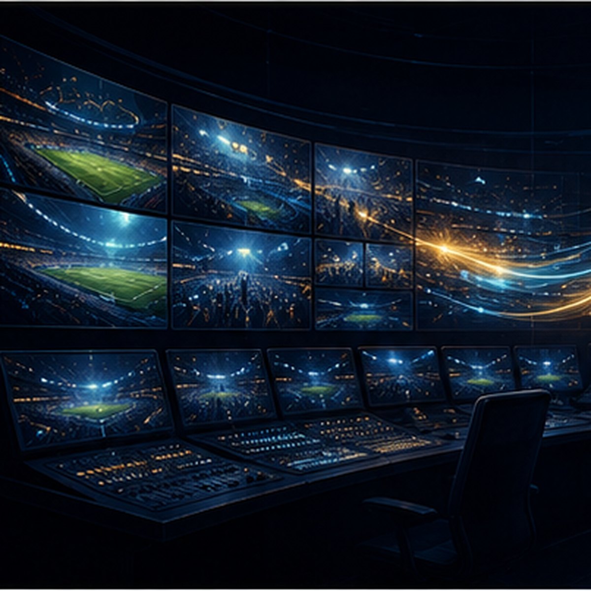 Futbol medyası ve içerik ekonomisini temsil eden yayın kontrol odası görseli