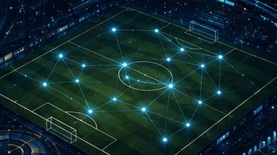 Futbol teknolojisi ve veriyi temsil eden saha analitiği görseli
