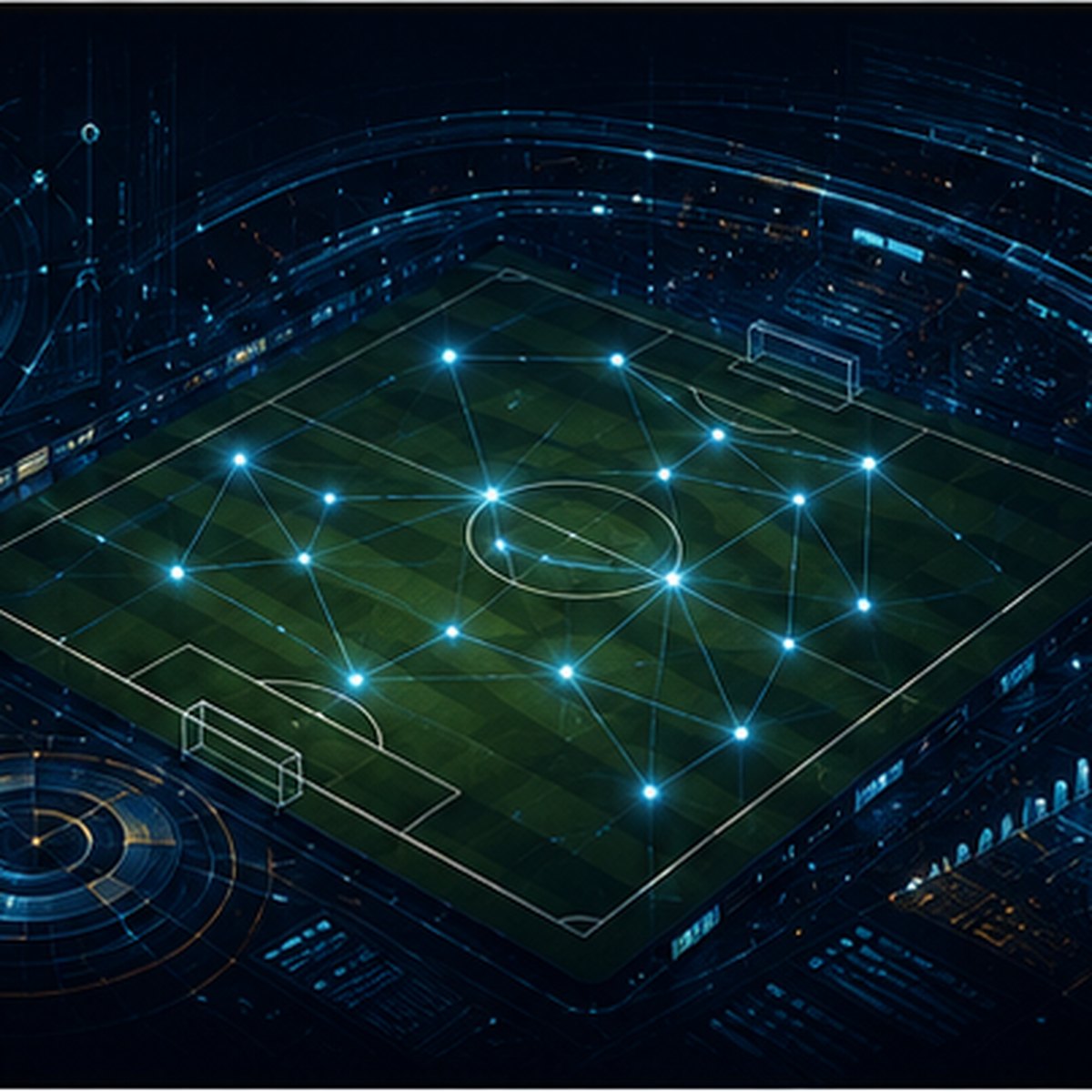 Futbol teknolojisi ve veriyi temsil eden saha analitiği görseli